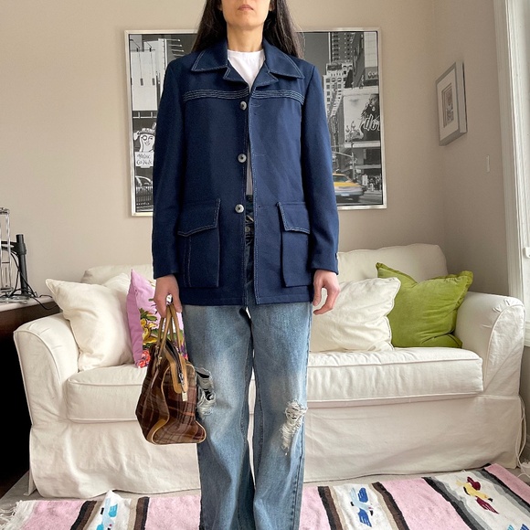 Vintage contrast stitching navy blazer - Picture 3 of 16